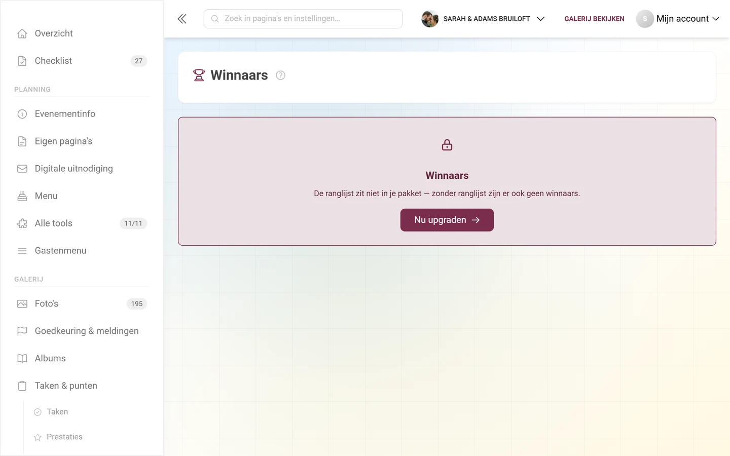 Vergrendelde winnaarspagina met slotsymbool en de knop Nu upgraden