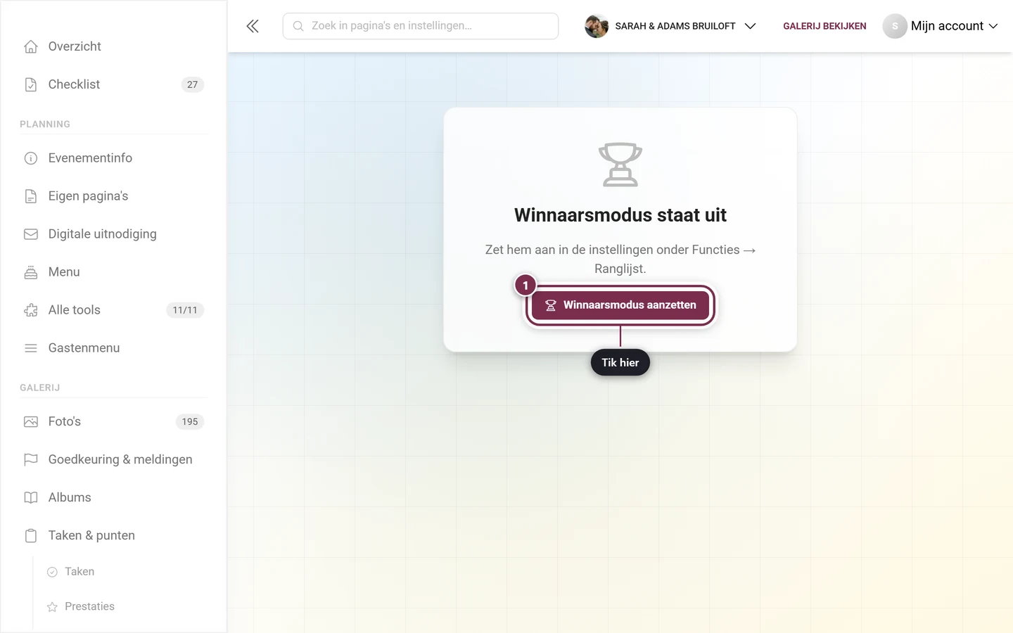 Melding Winnaarsmodus staat uit met de knop Winnaarsmodus aanzetten