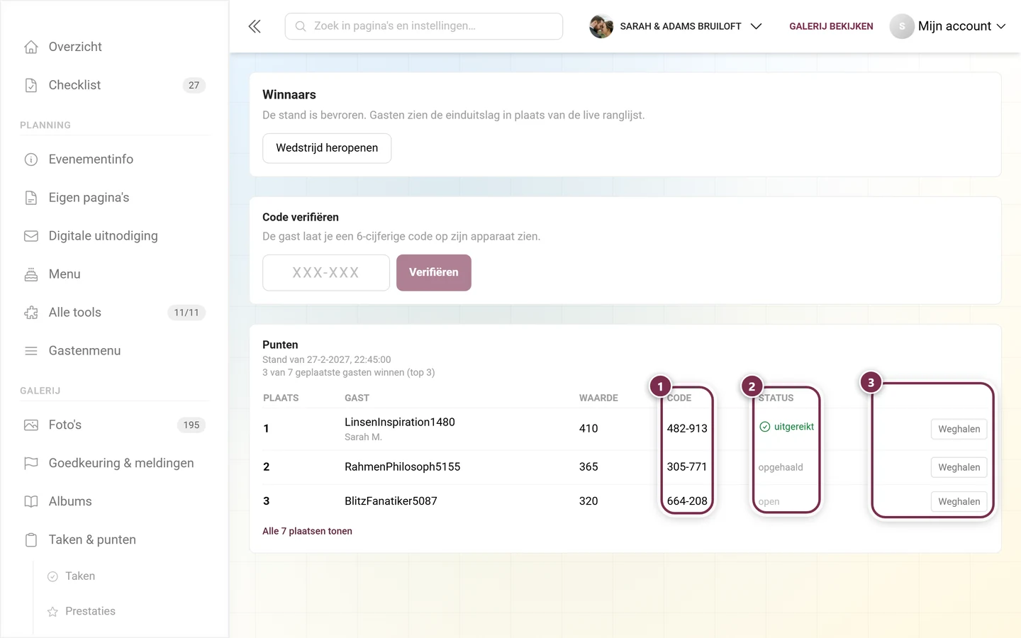 De scoretabel met de uitgelichte kolommen Code, Status en de actiekolom