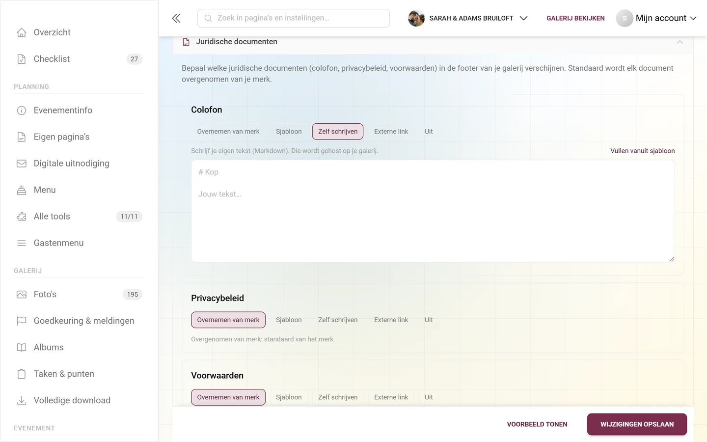 Colofonkaart in de modus Zelf schrijven met een groot Markdown-tekstveld