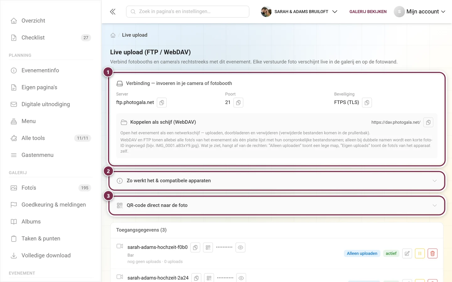 Pagina Live upload met gemarkeerde verbindingskaart en de twee uitklapbare onderdelen