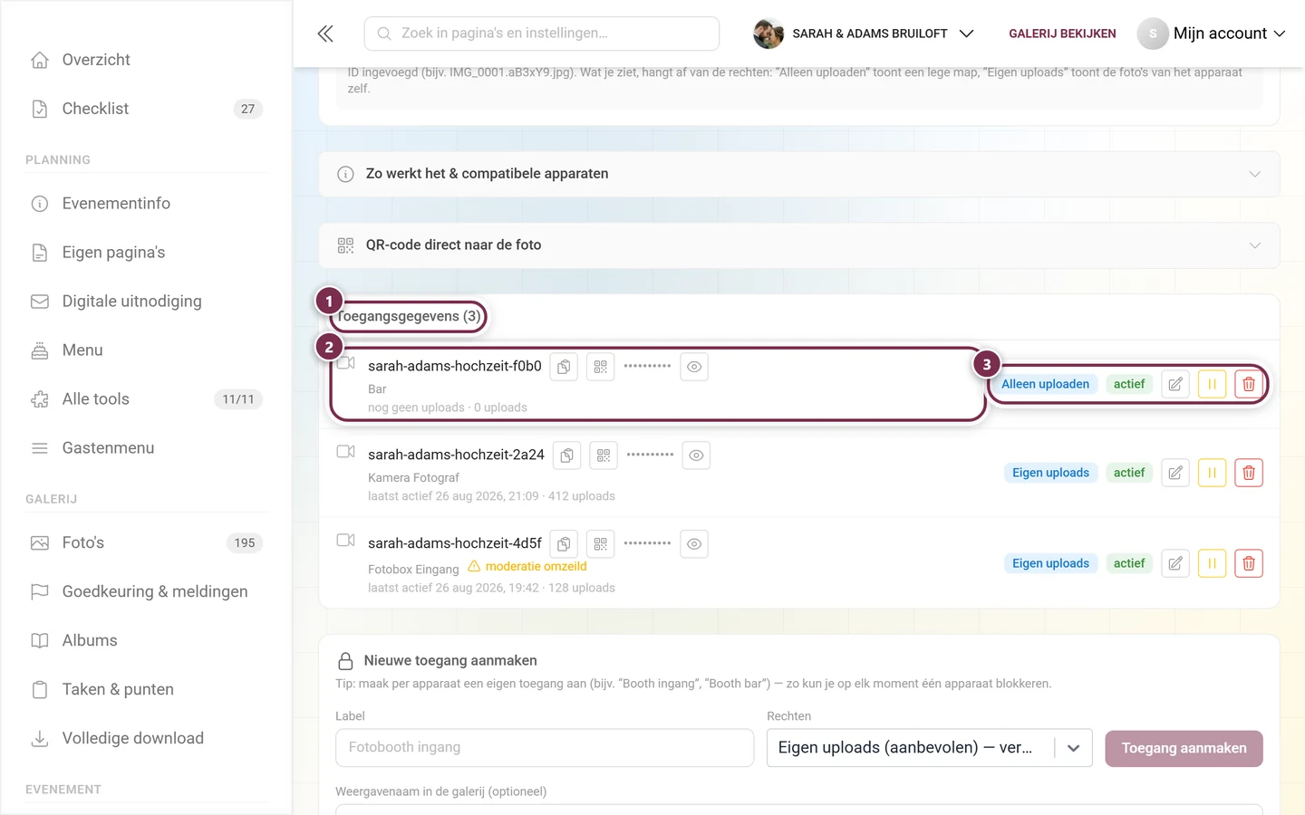 Lijst met aangemaakte toegangen met gemarkeerde kop en een gemarkeerde rij