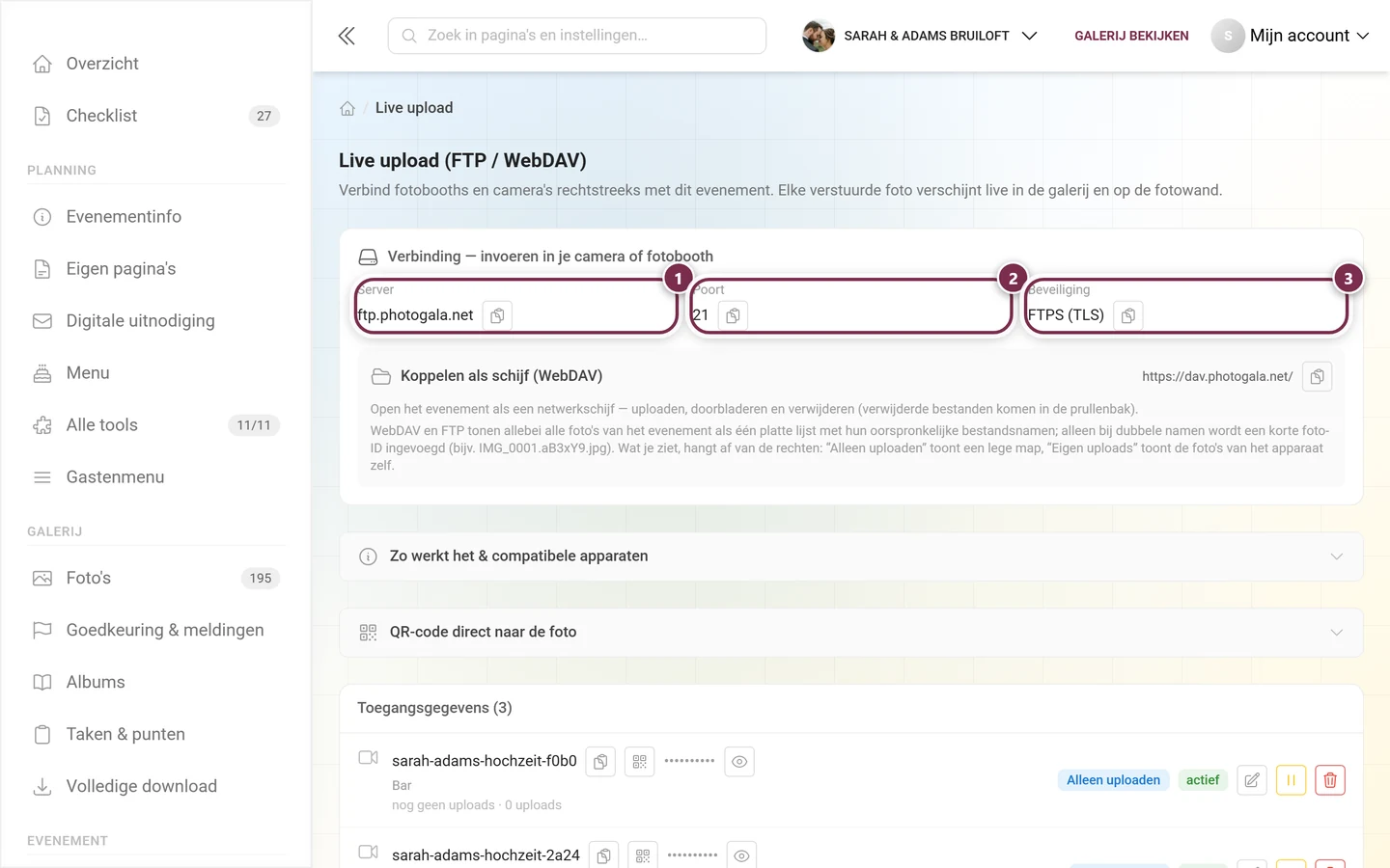 Verbindingskaart met gemarkeerde velden Server, Poort en Beveiliging