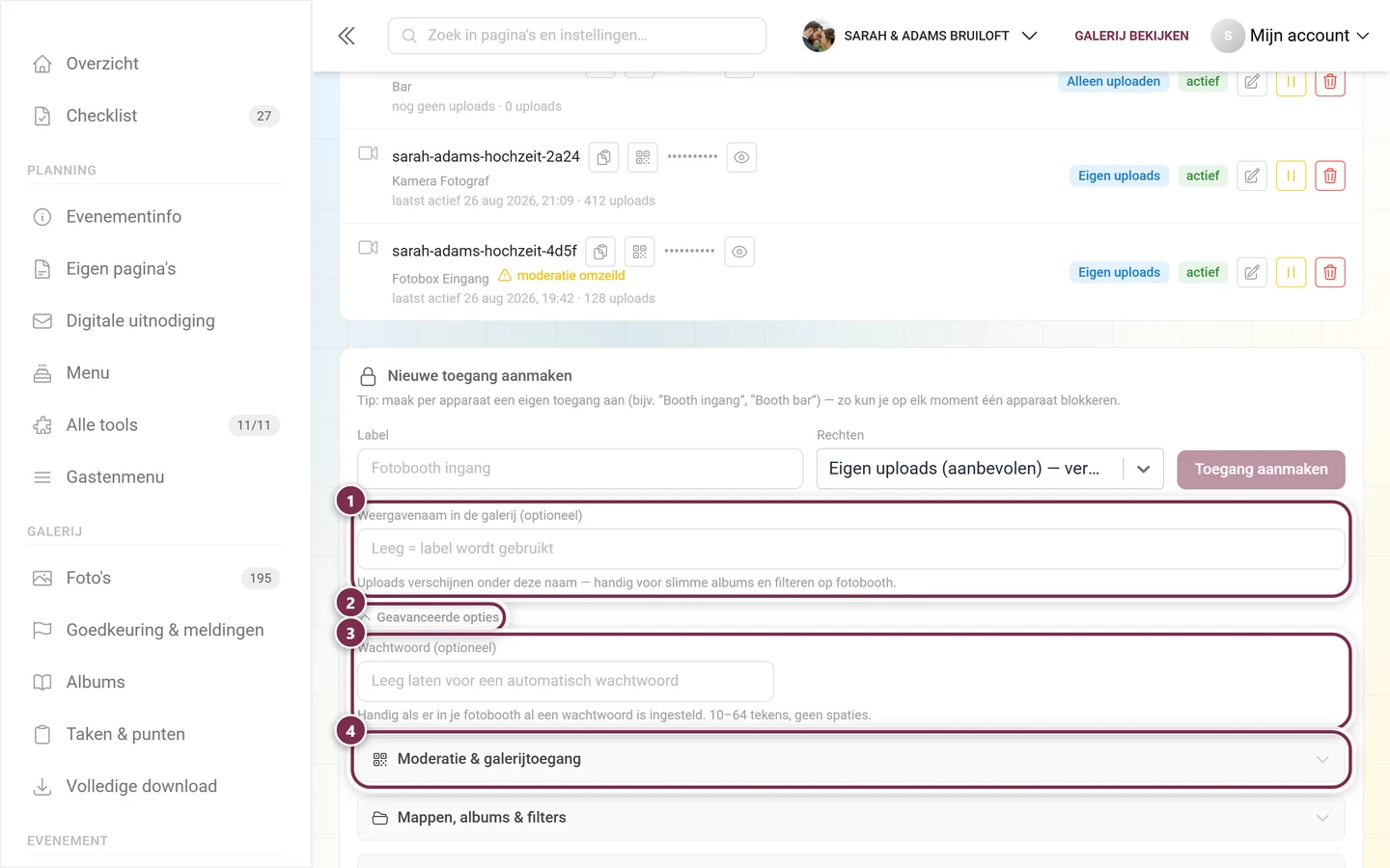 Formulier voor een nieuwe toegang met gemarkeerde weergavenaam, uitklapper Geavanceerde opties, wachtwoordveld en de eerste groep opties