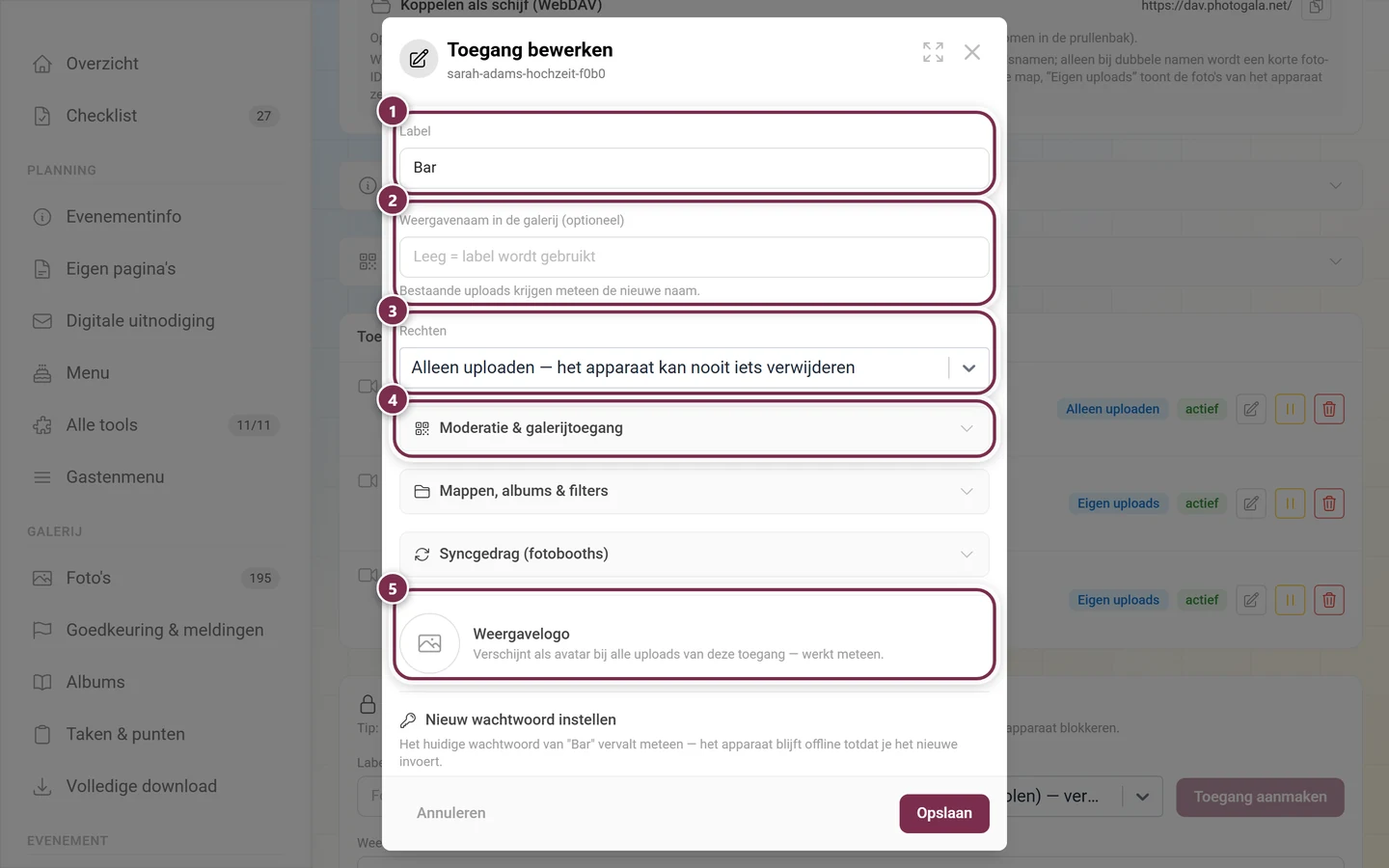 Dialoogvenster Toegang bewerken met label, weergavenaam, rechten, de drie groepen opties, weergavelogo en het onderdeel Nieuw wachtwoord instellen