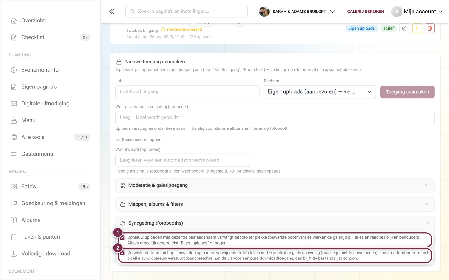 Uitgeklapte groep Syncgedrag met de twee gemarkeerde vinkjes