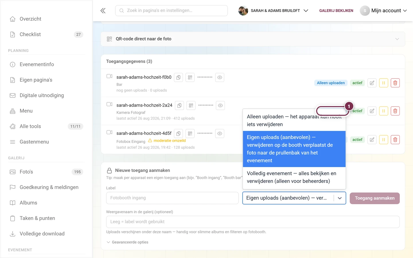 Uitgeklapt keuzemenu Rechten in het formulier voor een nieuwe toegang, gemarkeerd is Eigen uploads (aanbevolen)
