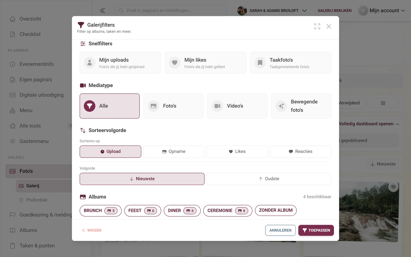 Dialoog Galerijfilters met snelfilters, mediatype, sorteervolgorde en albums