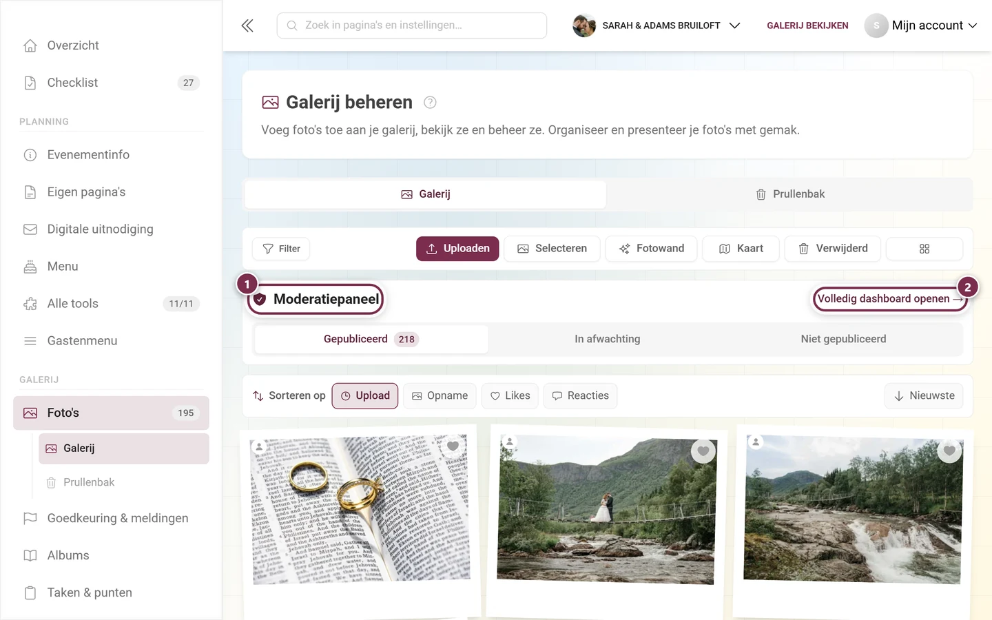 Moderatiepaneel met gemarkeerde titel en de link Volledig dashboard openen