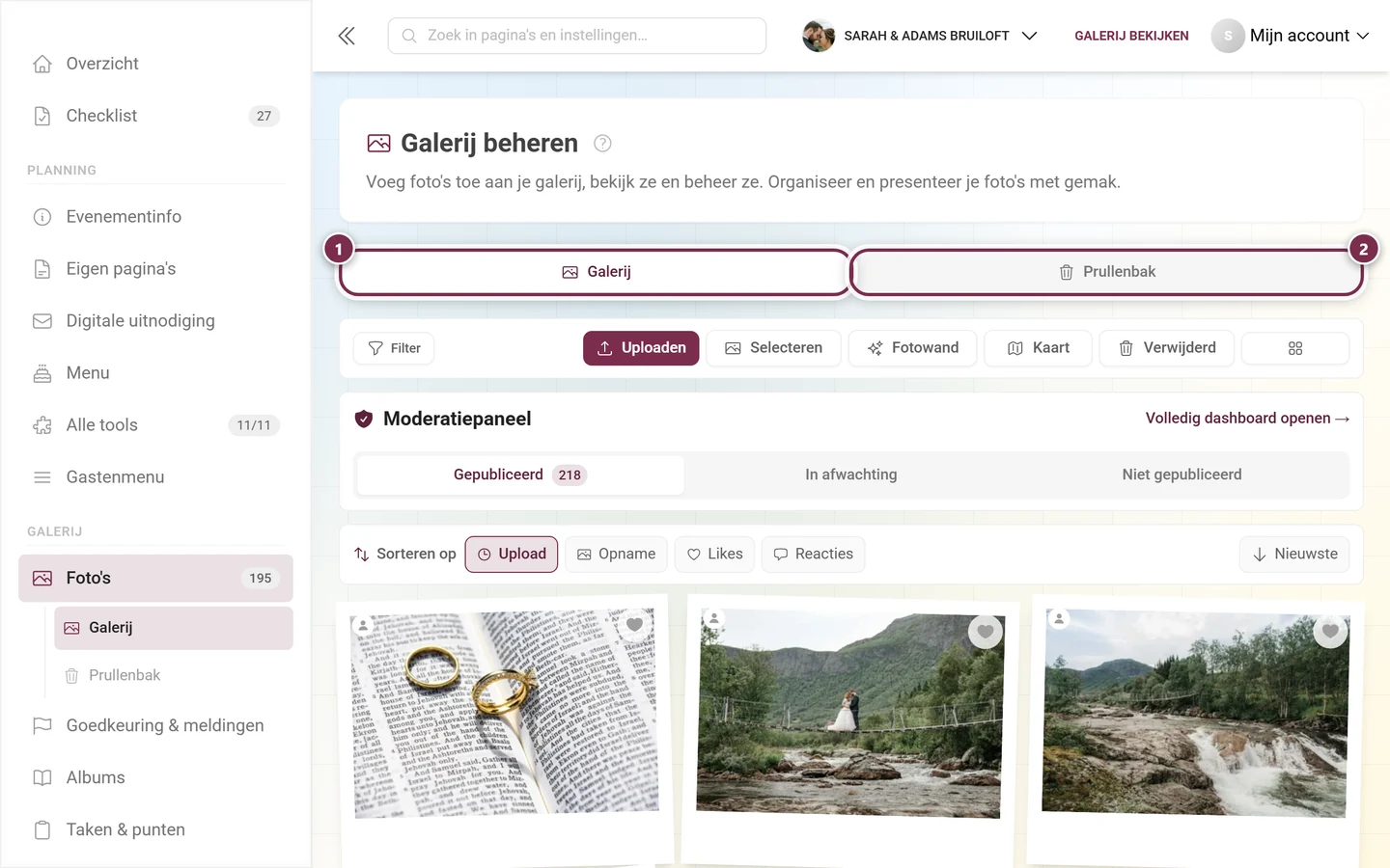 De tabbladbalk van de pagina met de gemarkeerde tabbladen Galerij en Prullenbak