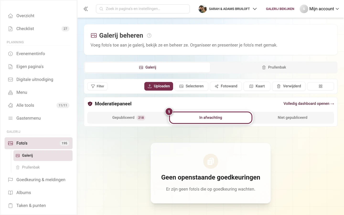 Het tabblad In afwachting is gemarkeerd, daaronder de lege status Geen goedkeuringen in afwachting
