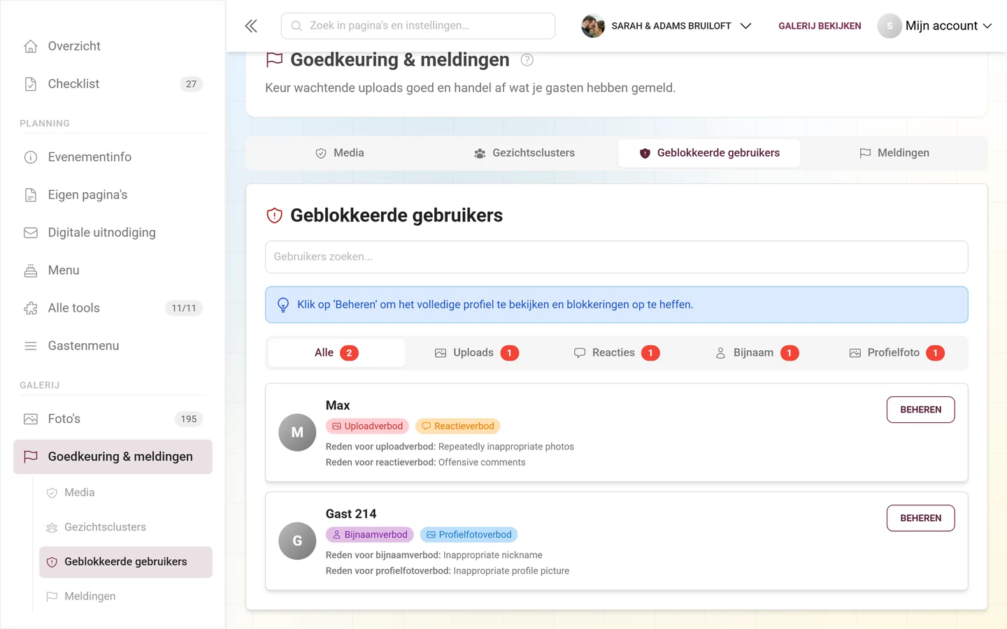 Tabblad Geblokkeerde gebruikers met subtabbladen en de geblokkeerde personen met blokkeringsbadges