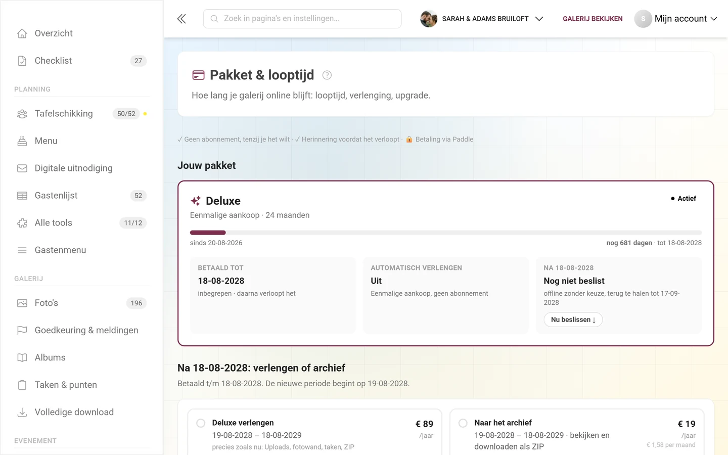 Pakketoverzicht van de gastheer met huidig plan en limieten