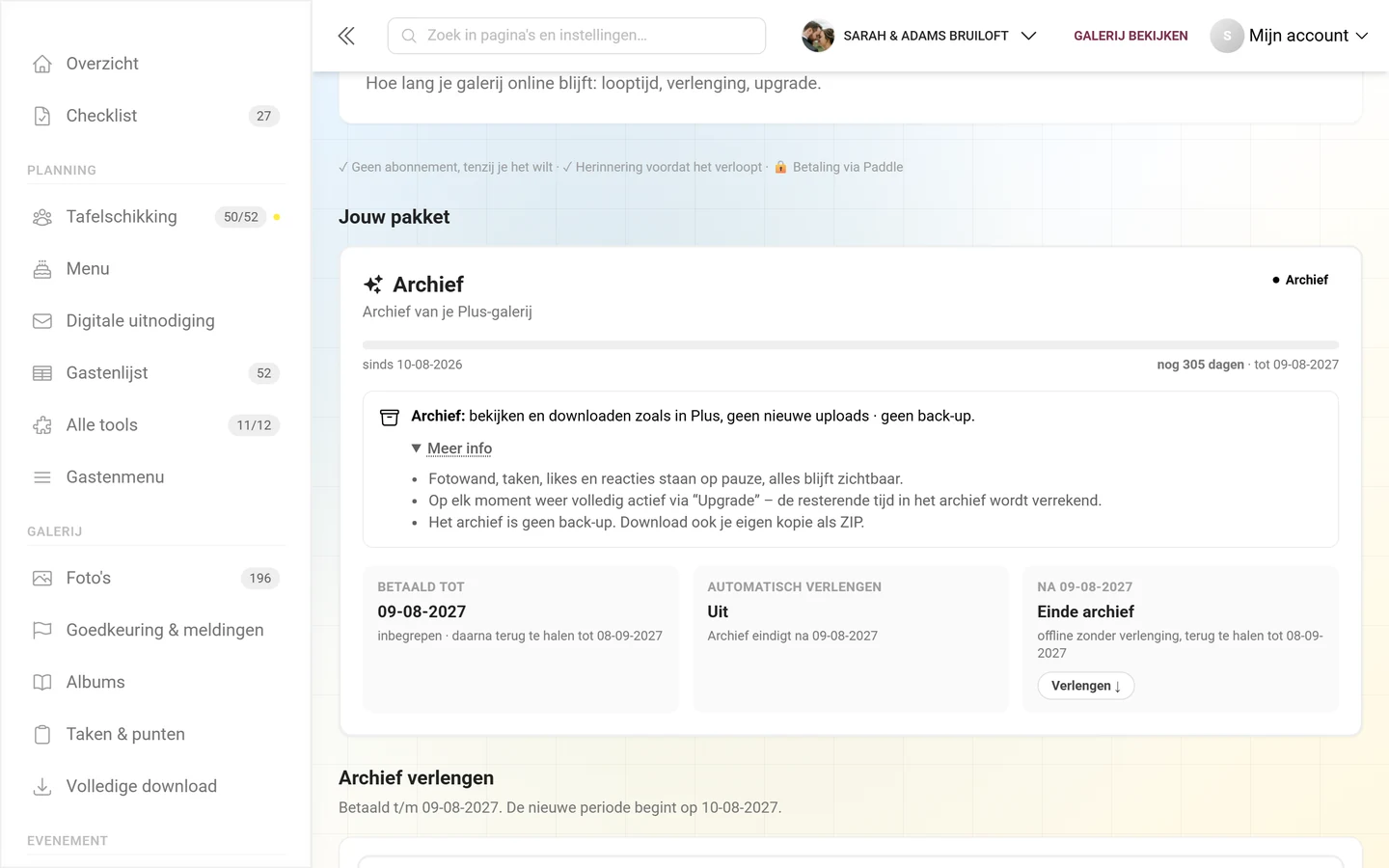 Kaart Jouw pakket in het archief met paarse rand, pil Archief, looptijdbalk en opengeklapte melding over het archief