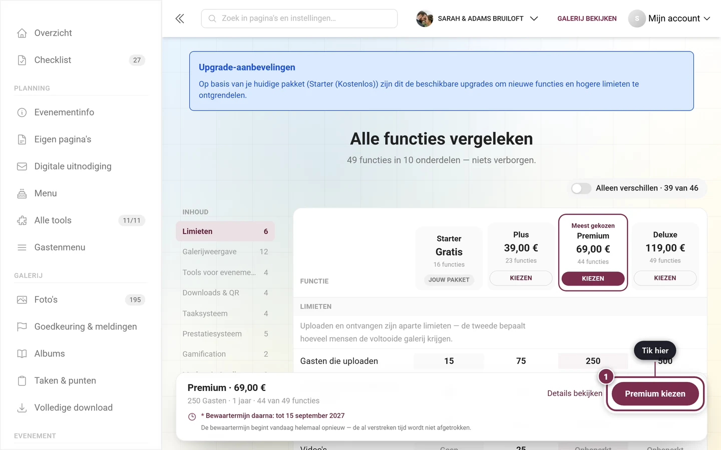 Koopbalk onder de vergelijkingstabel met pakket, bedrag van vandaag en uitgelichte knop Verder naar betaling
