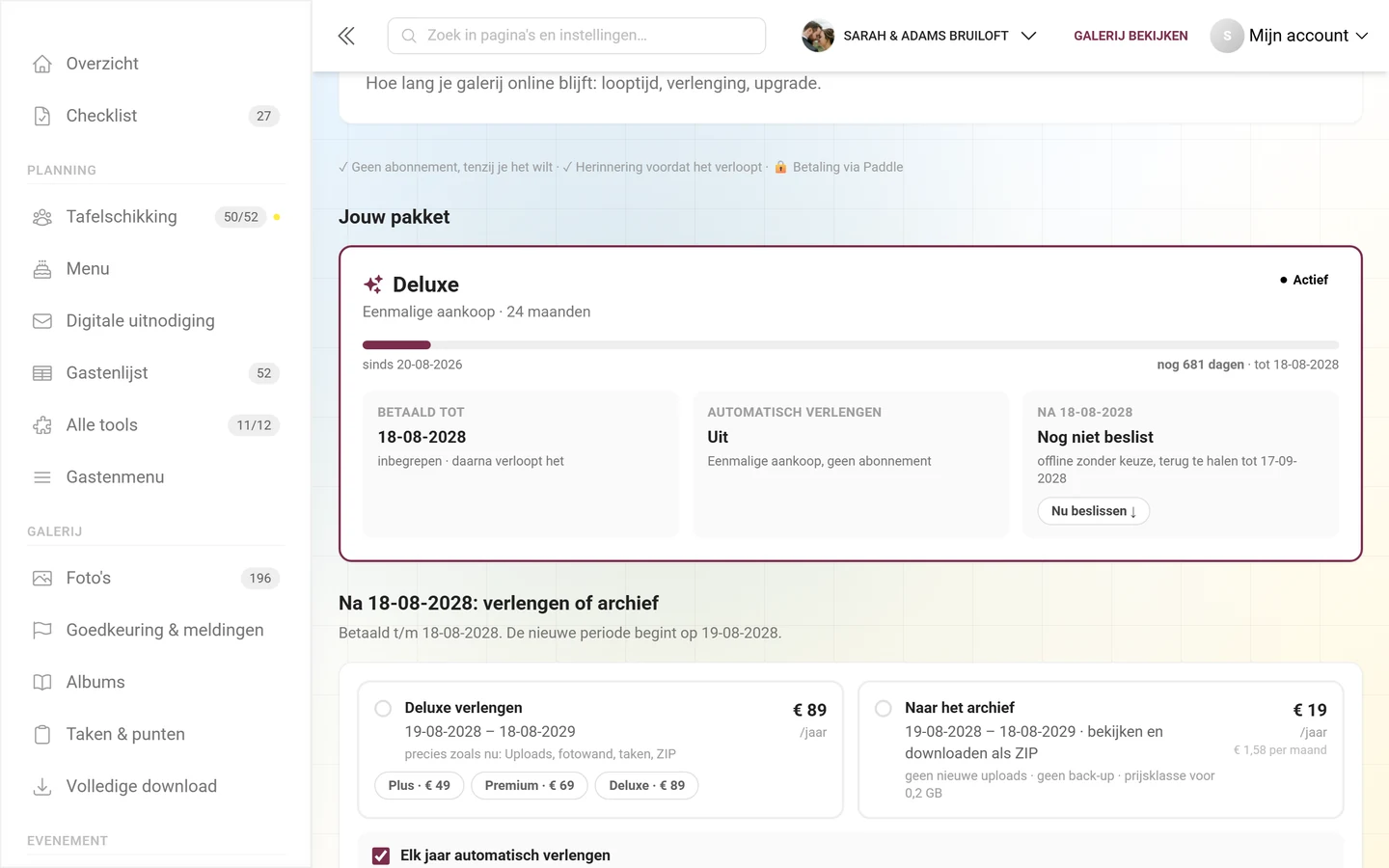 Kaart Jouw pakket met looptijdbalk en de tegels Betaald tot, Automatisch verlengen en Na de einddatum