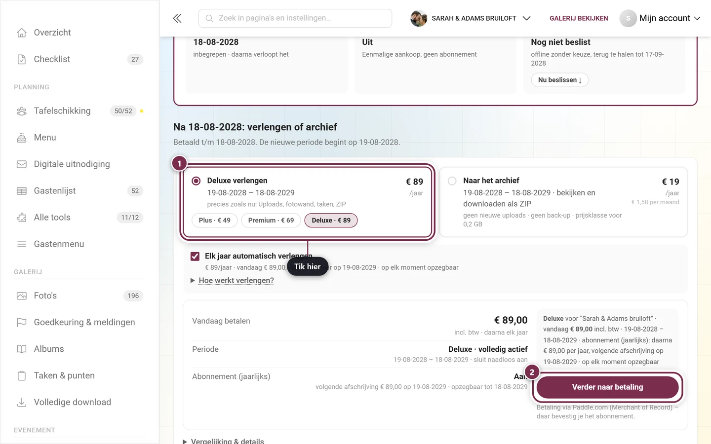 Blok Na datum: verlengen of archief met gekozen tegel Pakket verlengen, samenvatting en knop Verder naar betaling