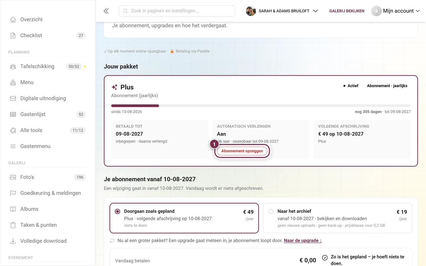 Kaart Jouw pakket met de pillen Actief en Abonnement · jaarlijks, de tegels Automatisch verlengen Aan en Volgende afschrijving en de knop Abonnement opzeggen
