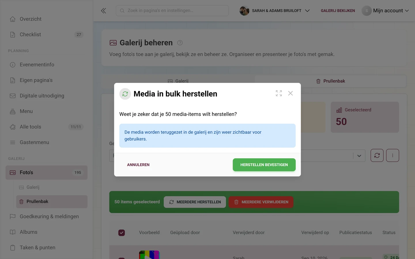 Dialoog Media in bulk herstellen met aantal en blauw infovak