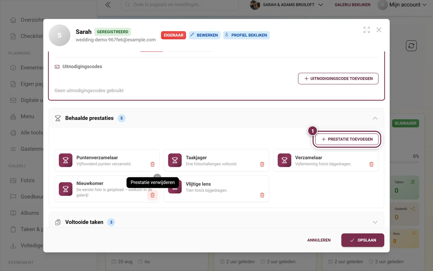 Prestatiesgedeelte in het deelnemersvenster met de knop Prestatie toevoegen gemarkeerd