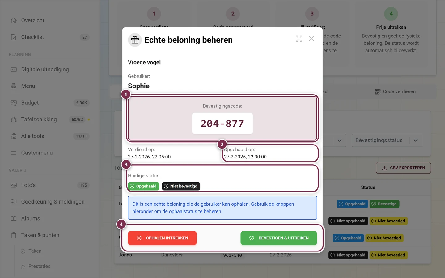 Dialog Echte Belohnung verwalten mit markiertem Code, Abholdatum, Status-Chips und den beiden Schaltflaechen