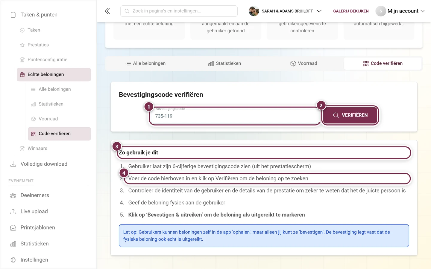 Tabblad Code verifiëren bij de gastheer met gecontroleerde code en detailkaart
