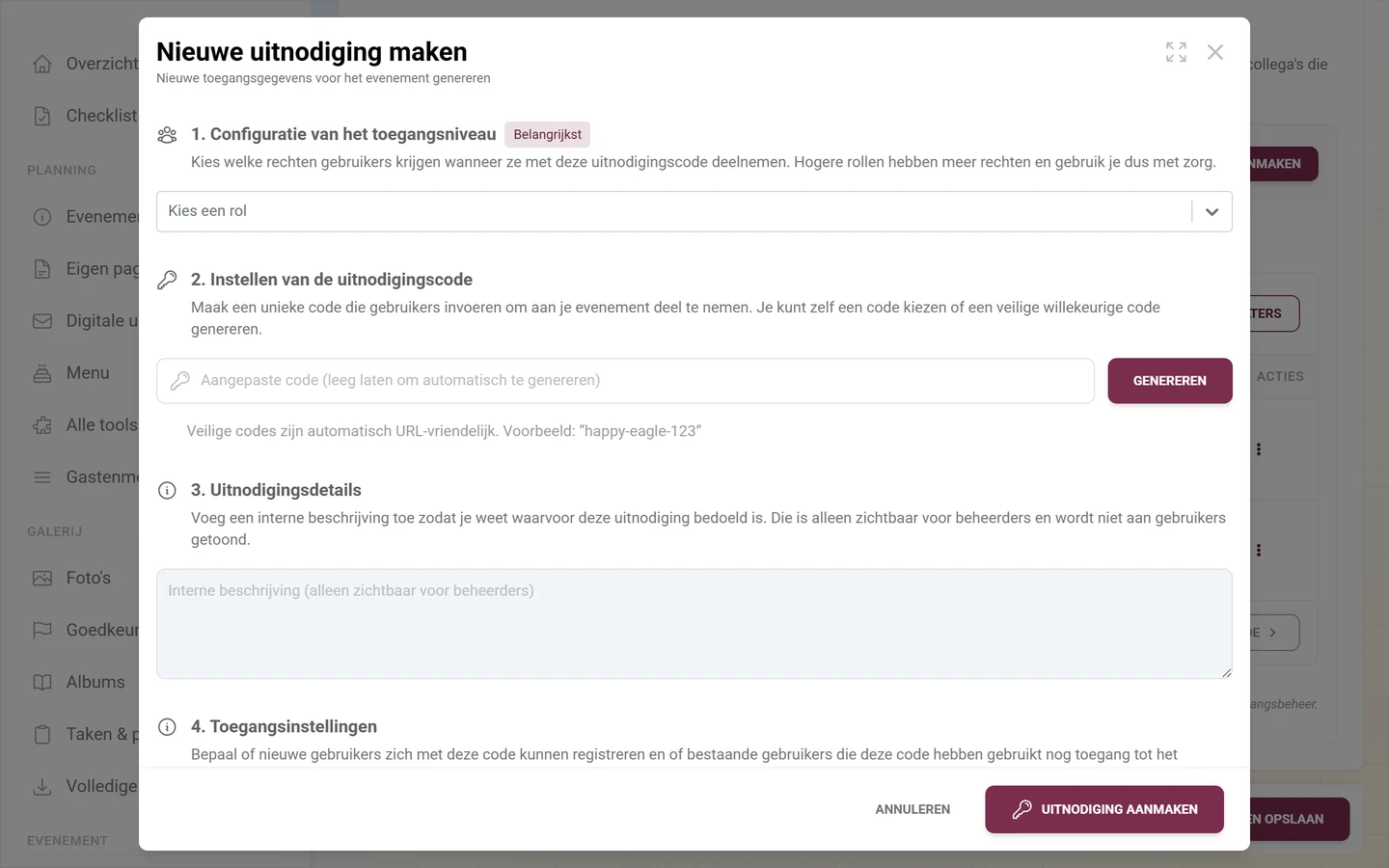 Venster voor het aanmaken van een uitnodiging met rolkeuze en uitnodigingscode