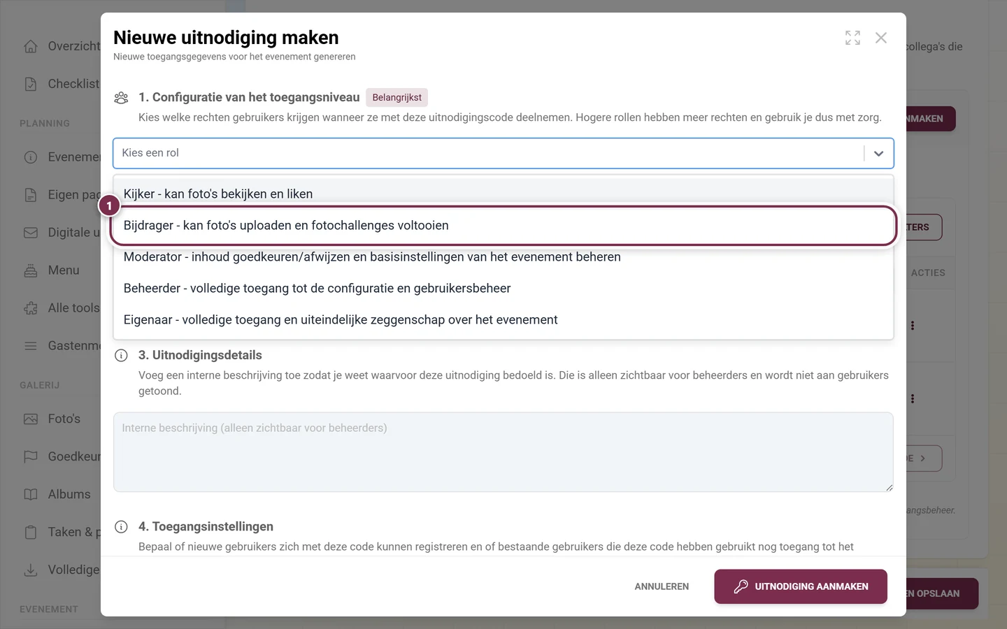 Uitgeklapte rolkeuze in het uitnodigingsvenster met het item Bijdrager gemarkeerd