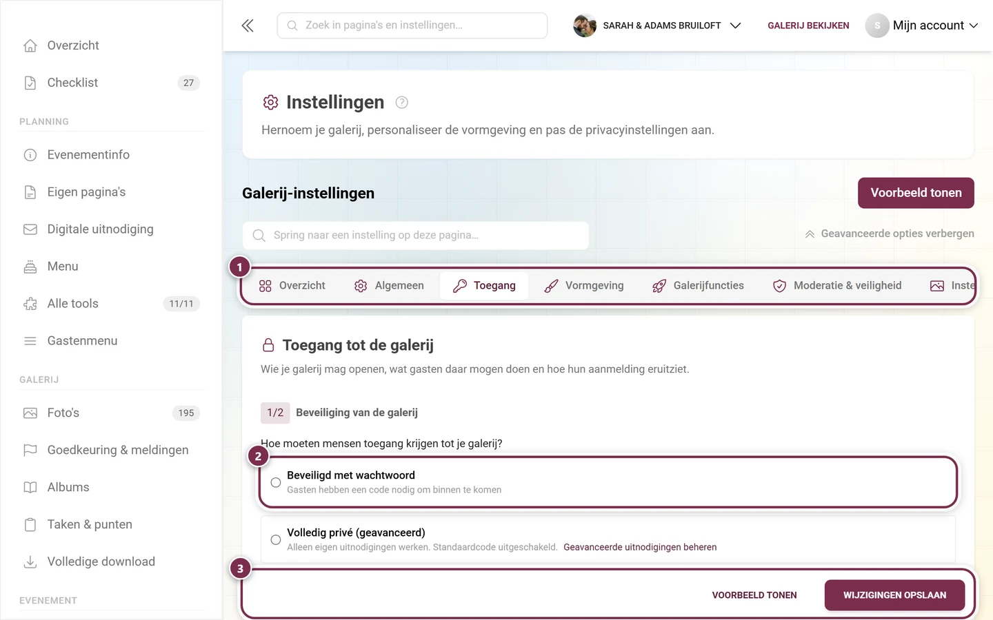 Het tabblad Toegang van de galerij-instellingen met galerijbeveiliging, galerijmodus en uitnodigingscodes