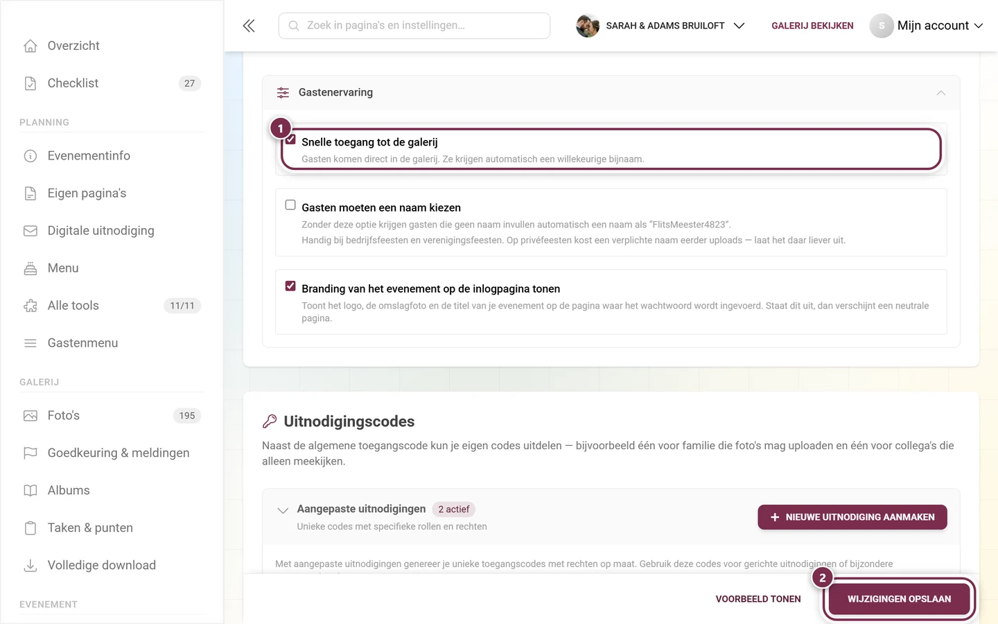Tabblad Toegang met gemarkeerde regel Snelle toegang tot de galerij en gemarkeerde knop Wijzigingen opslaan