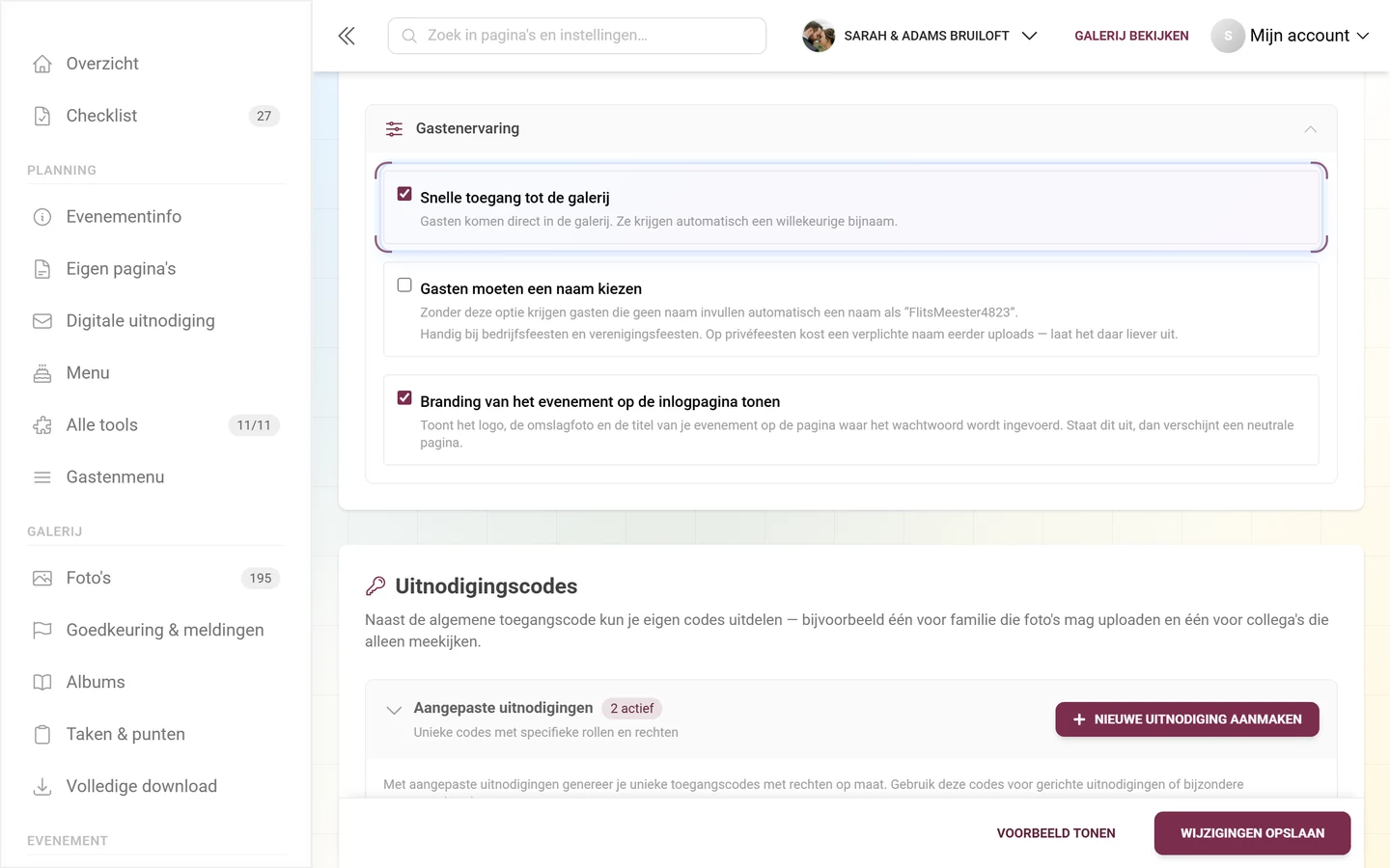 Uitgeklapt blok Gastenervaring met de selectievakjes Snelle toegang tot de galerij, Gasten moeten een naam kiezen en Branding van het evenement op de inlogpagina tonen