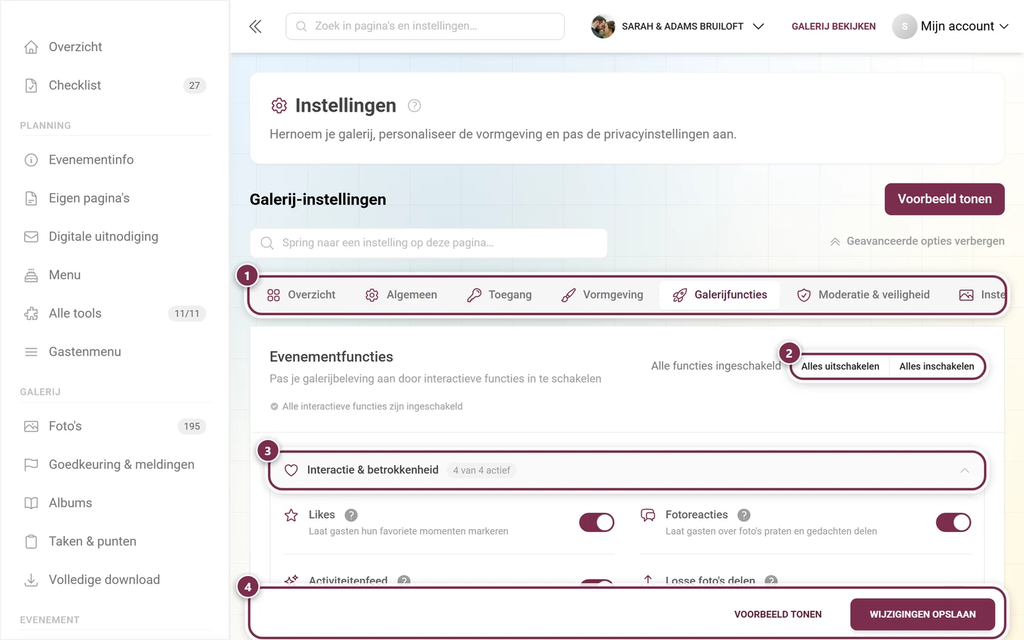 De tab Galerijfuncties met accordeon-secties en schakelaars voor likes, reacties, downloads en meer