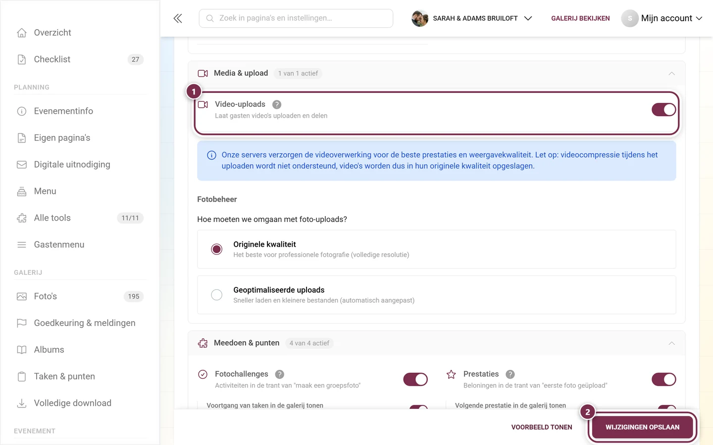 Functiekaart Video-uploads met gemarkeerde schakelaar en opslagbalk