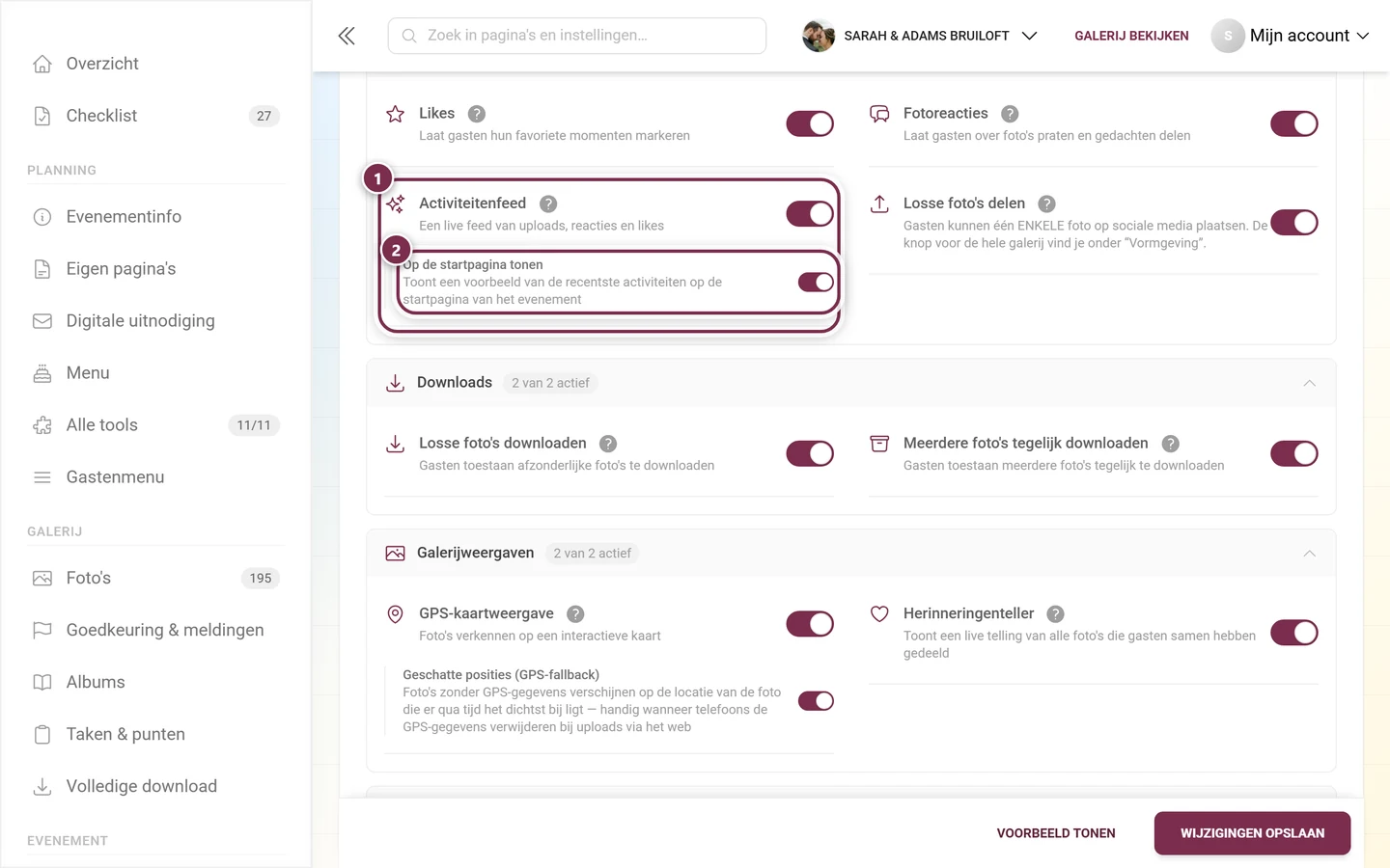 Functie-instellingen met gemarkeerde kaart Activiteitenfeed en de subschakelaar Op de startpagina tonen