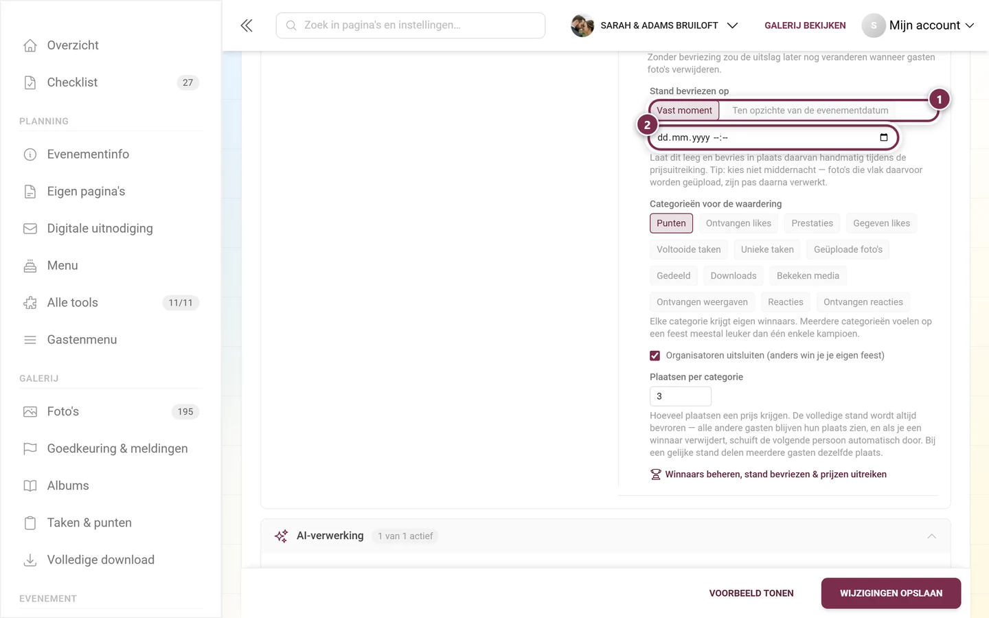 De twee modi Vast moment en Ten opzichte van de evenementdatum met het datumveld daaronder