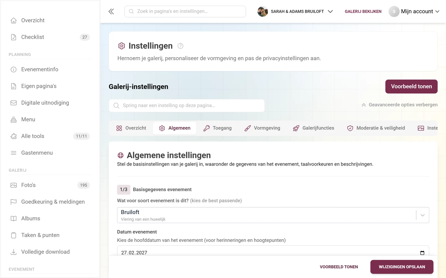 Het tabblad Algemeen van de galerij-instellingen met de onderdelen Basisgegevens evenement, Taalinstellingen en Inhoud van de galerij