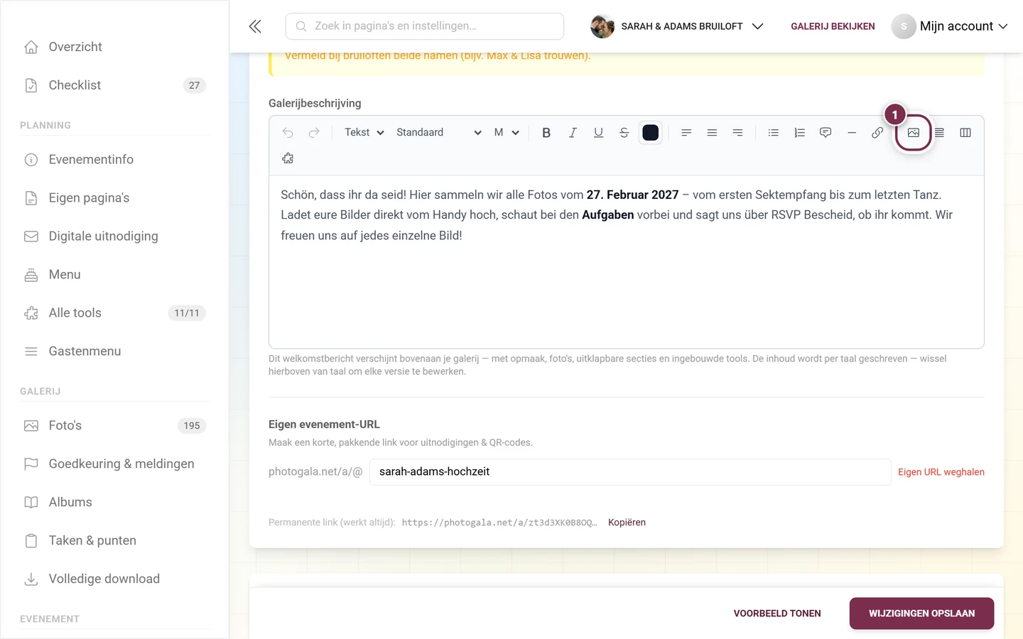 Editor van de galerijbeschrijving met de gemarkeerde knop Afbeelding invoegen