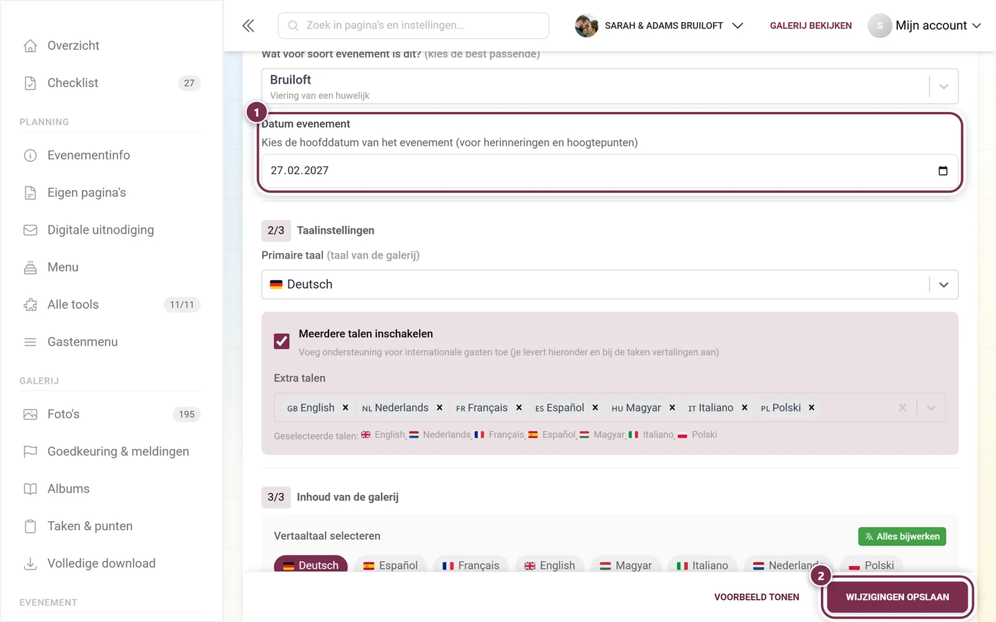 Veld Datum evenement in de algemene instellingen met markering en opslagbalk