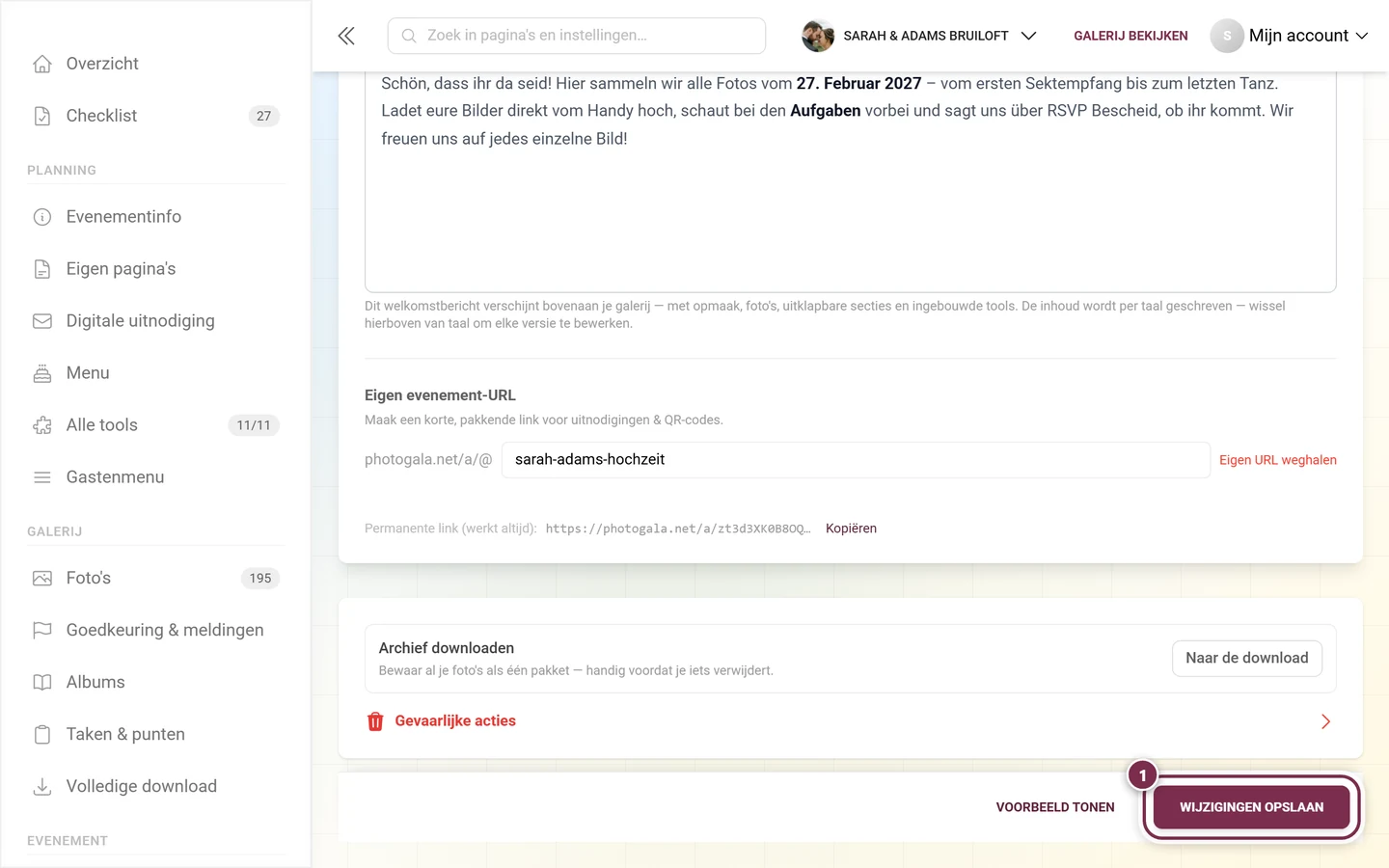 Vastgeplakte opslagbalk onderaan de instellingen