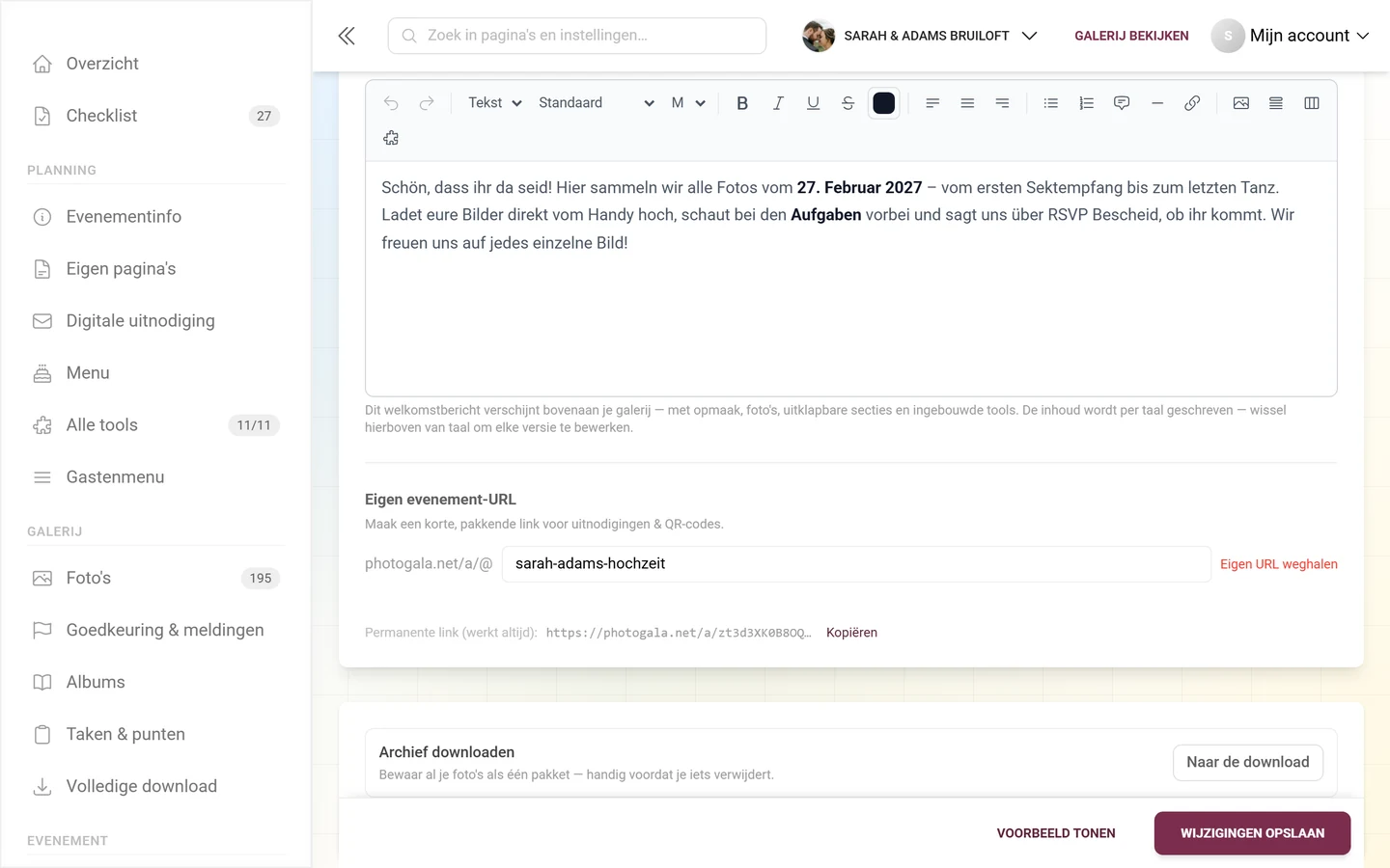 Eigen evenement-URL met invoerveld en permanente link eronder