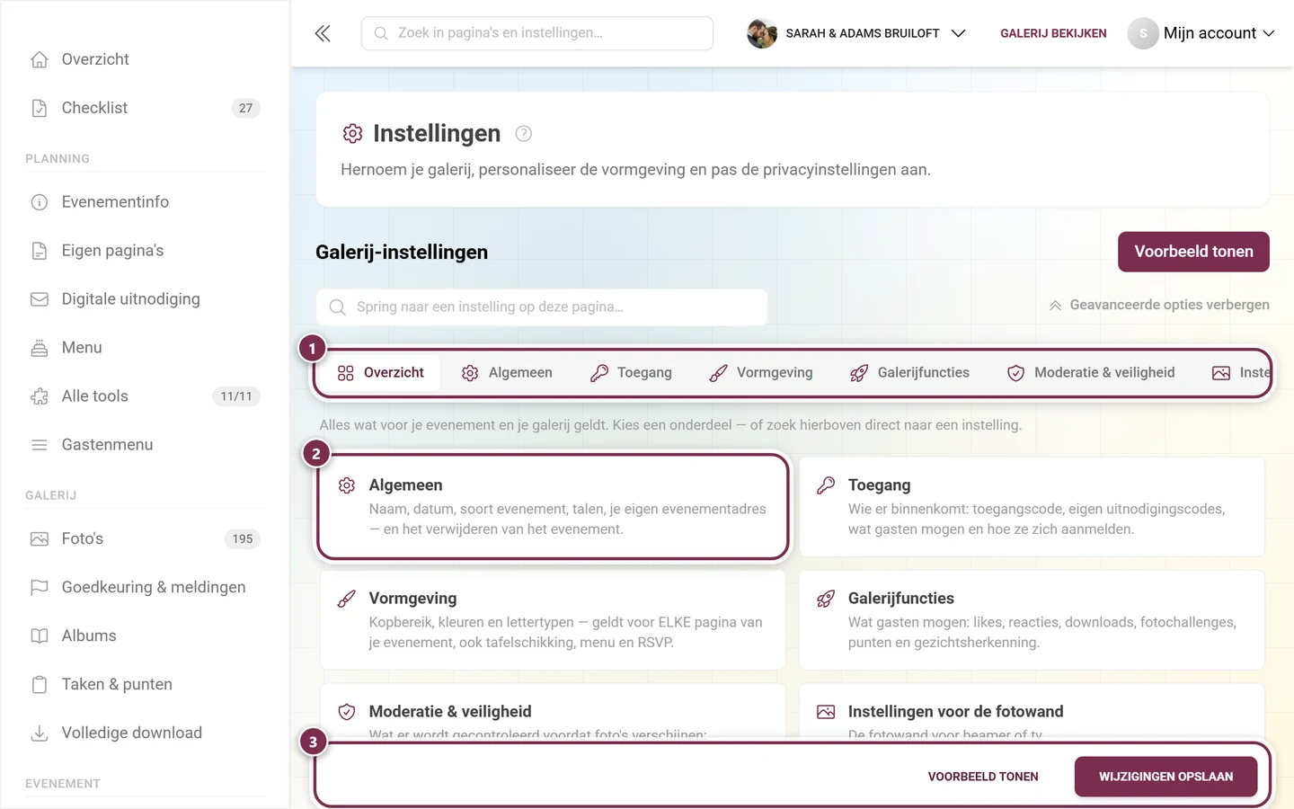 Overzichtstegels van de galerij-instellingen