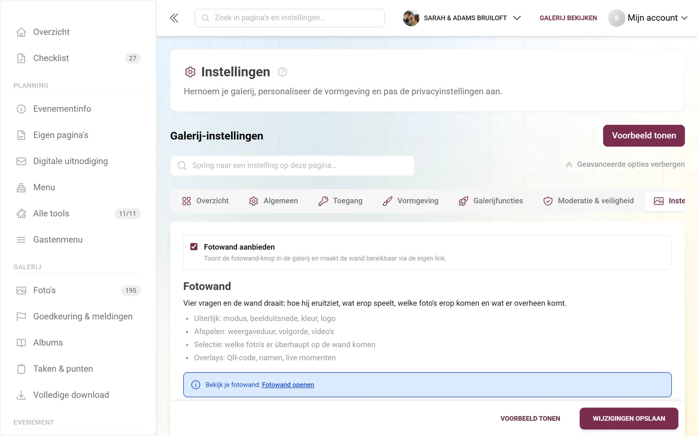 Fotowand-tabblad met de schakelaar Fotowand aanbieden, de kop Fotowand en het overzicht van uiterlijk, verloop, selectie en overlays