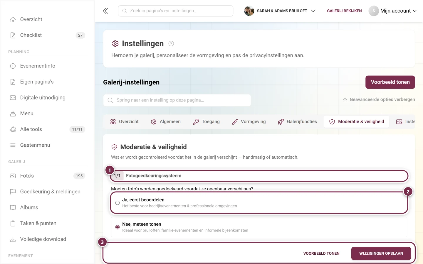 Tabblad Moderatie en veiligheid in het adminonderdeel