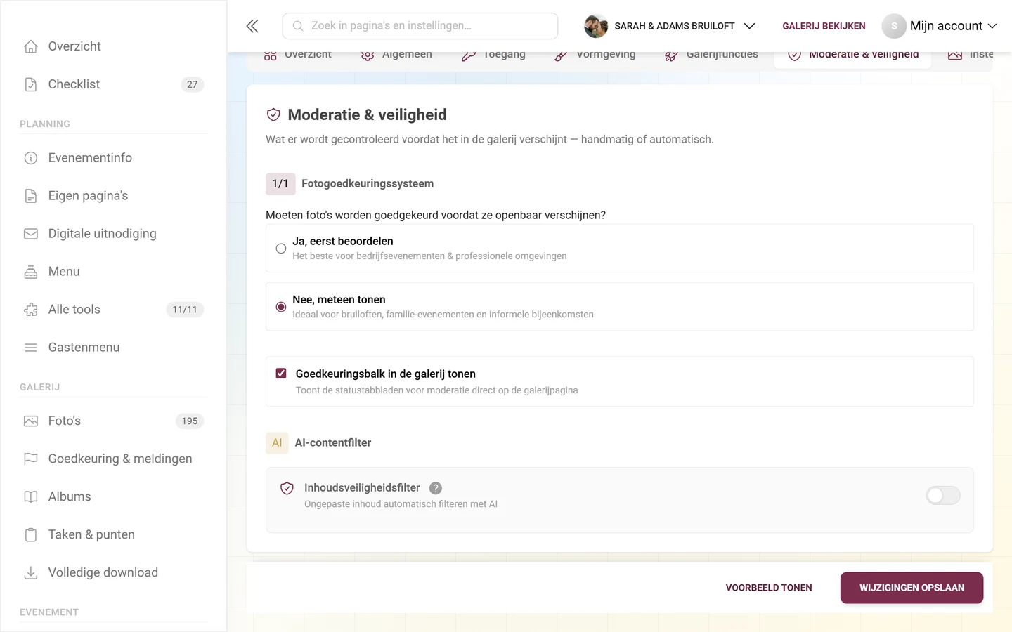 Kaart Inhoudsveiligheidsfilter met AI-badge en schakelaar, daarboven het fotogoedkeuringssysteem en de goedkeuringsbalk