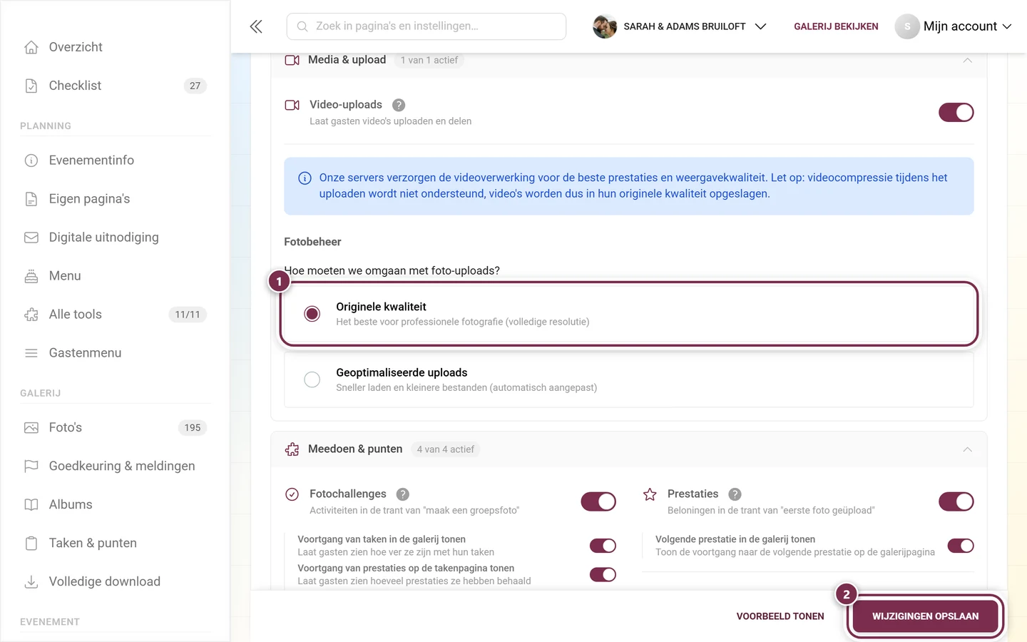 Fotobeheer met gemarkeerde optie Originele kwaliteit en gemarkeerde opslagbalk