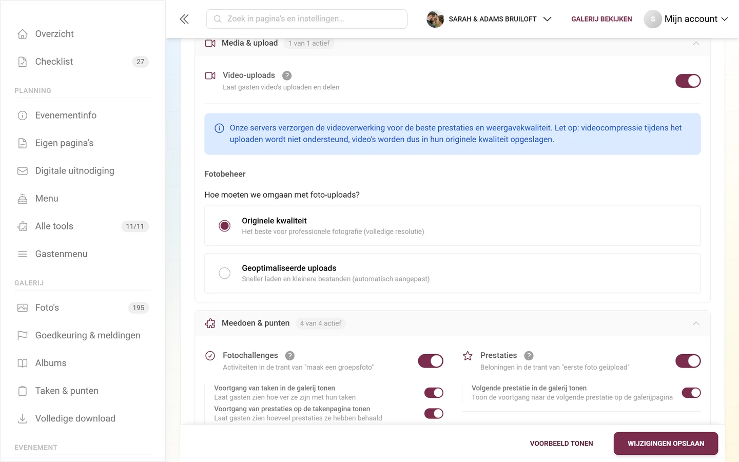 Het blok over beeldkwaliteit in het uitklapgebied Media en upload