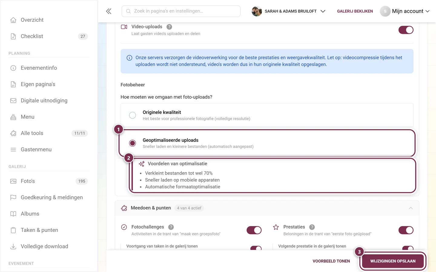 Geoptimaliseerde uploads gekozen, daaronder het ingeklapte kader Voordelen van optimalisatie, onderaan de opslagbalk