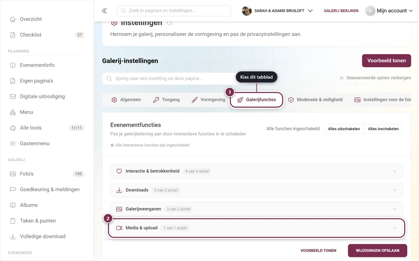 Tabblad Galerijfuncties gemarkeerd, daaronder het gemarkeerde uitklapgebied Media en upload