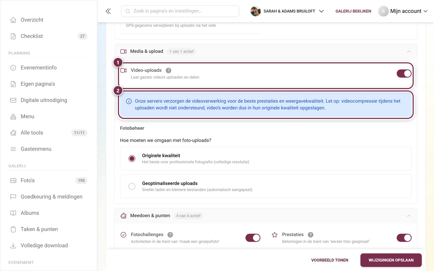 Schakelaar Video-uploads en daaronder de blauwe melding over videoverwerking, beide gemarkeerd
