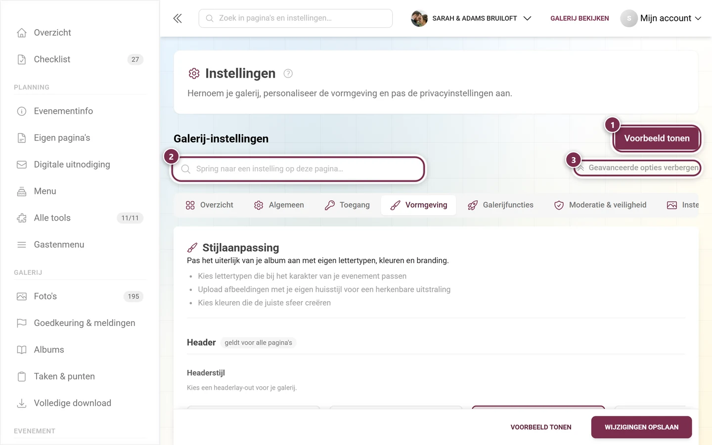 Instellingen voor het uiterlijk met logo, kleuren en omslagfoto